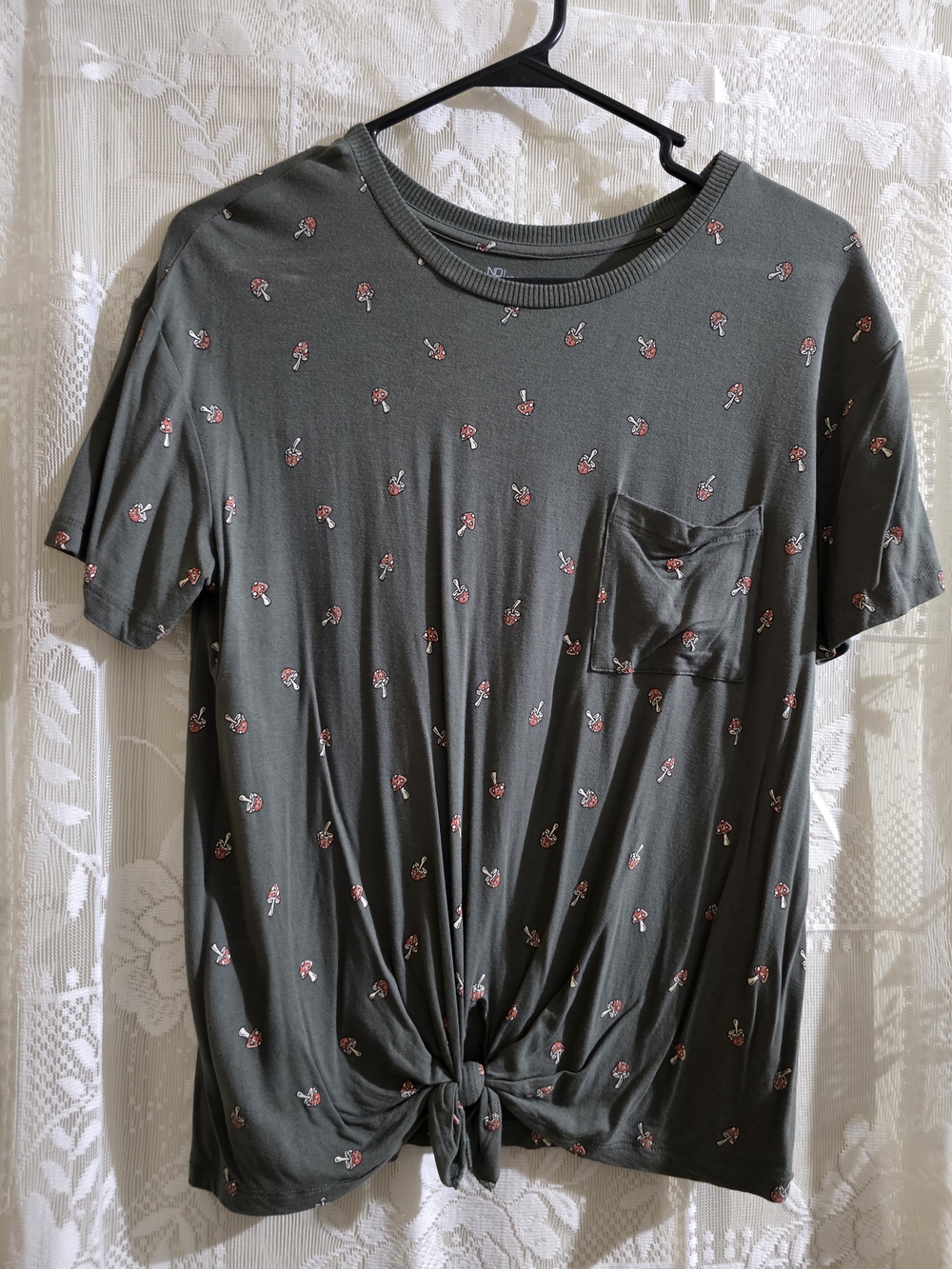 No Boundaries Olive Short-Sleeve Tee with Pink Floral Print and Front Tie